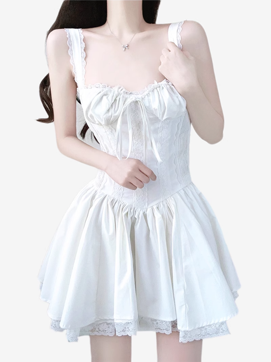 2025 Summer New White Fishbone Ballet Hottie Short A-line Suspender Dress R0974