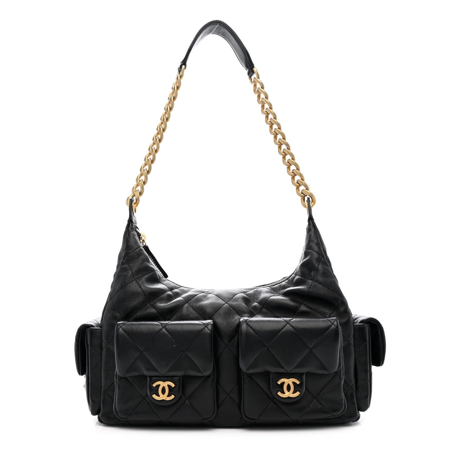 Shiny Lambskin Quilted Trendy Pockets Hobo Black
