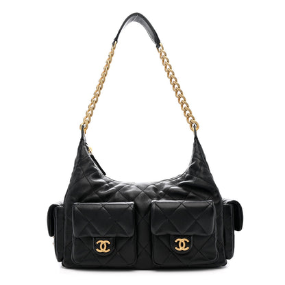 Shiny Lambskin Quilted Trendy Pockets Hobo Black