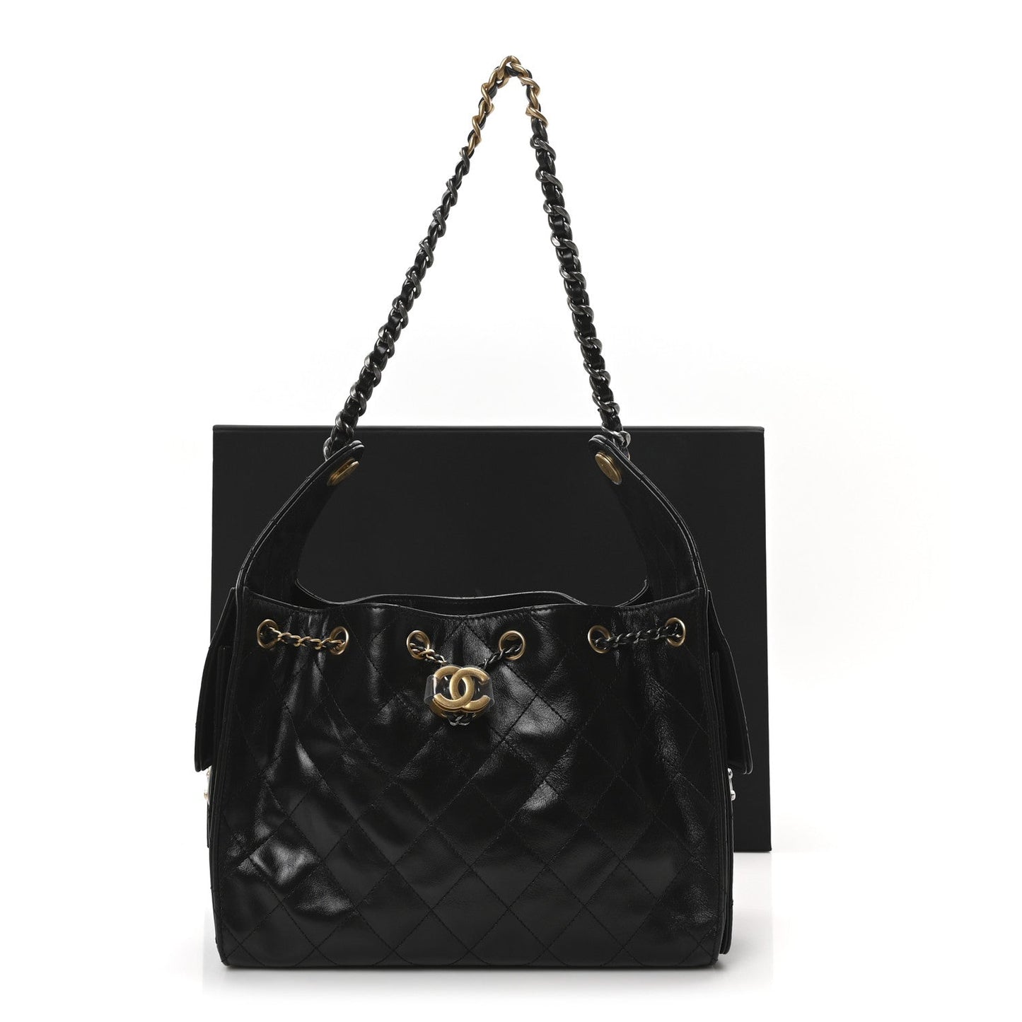 Shiny Crumpled Calfskin Quilted Small Chanel 25 Handbag Black