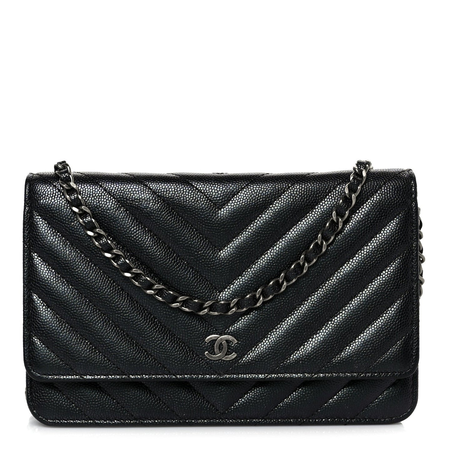 Iridescent Caviar Chevron Quilted Wallet On Chain WOC Black