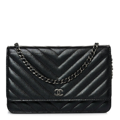 Iridescent Caviar Chevron Quilted Wallet On Chain WOC Black