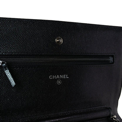 Iridescent Caviar Chevron Quilted Wallet On Chain WOC Black