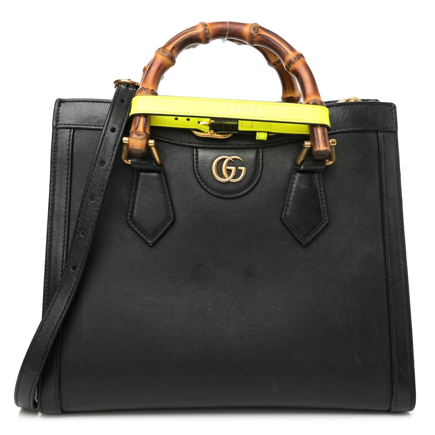 Calfskin Small Diana Tote Bag Black Yellow Fluo