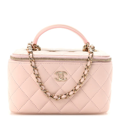 Lambskin Quilted Trendy Small Top Handle Vanity Case With Chain Light Pink