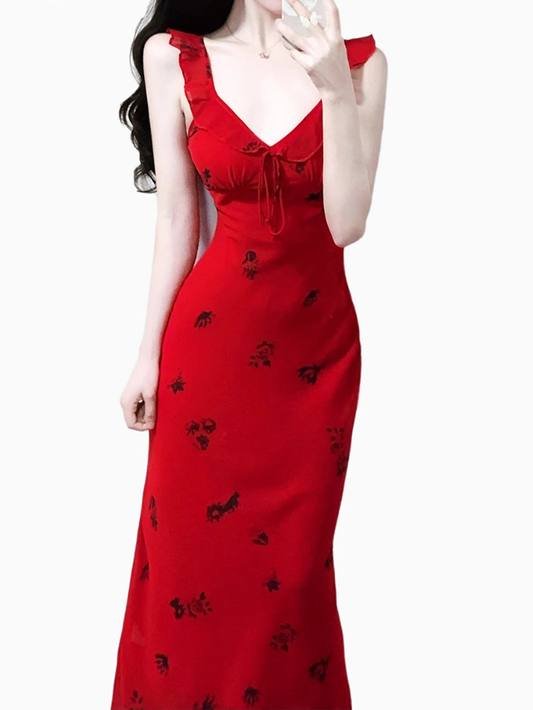 2025 Summer New Red Sexy V-neck Wood Ear Edge Floral Sleeveless Holiday Dress R0905