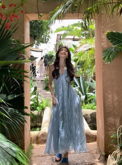 French holiday style light blue plaid halter neck suspender dress forest style beautiful long skirt R0222