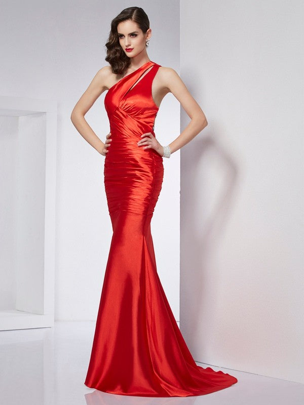 Sheath/Column One-Shoulder Beading Long Woven Satin Dresses