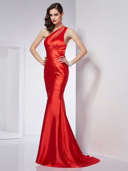 Sheath/Column One-Shoulder Beading Long Woven Satin Dresses