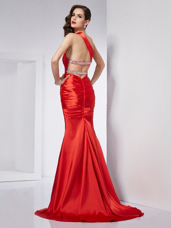 Sheath/Column One-Shoulder Beading Long Woven Satin Dresses