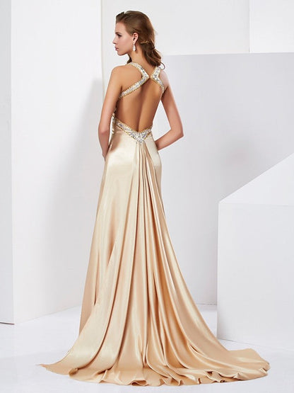 Sheath/Column Halter Sleeveless Ruffles Long Silk like Satin Dresses