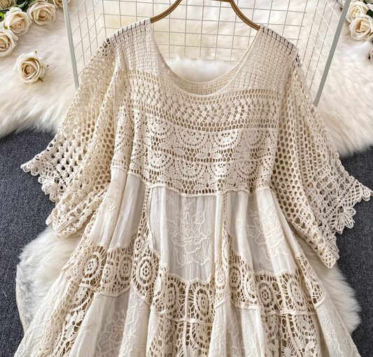 2025 new hollow hook flower knitted dress mid-length sleeve dress elegant and fashionable loose R0337