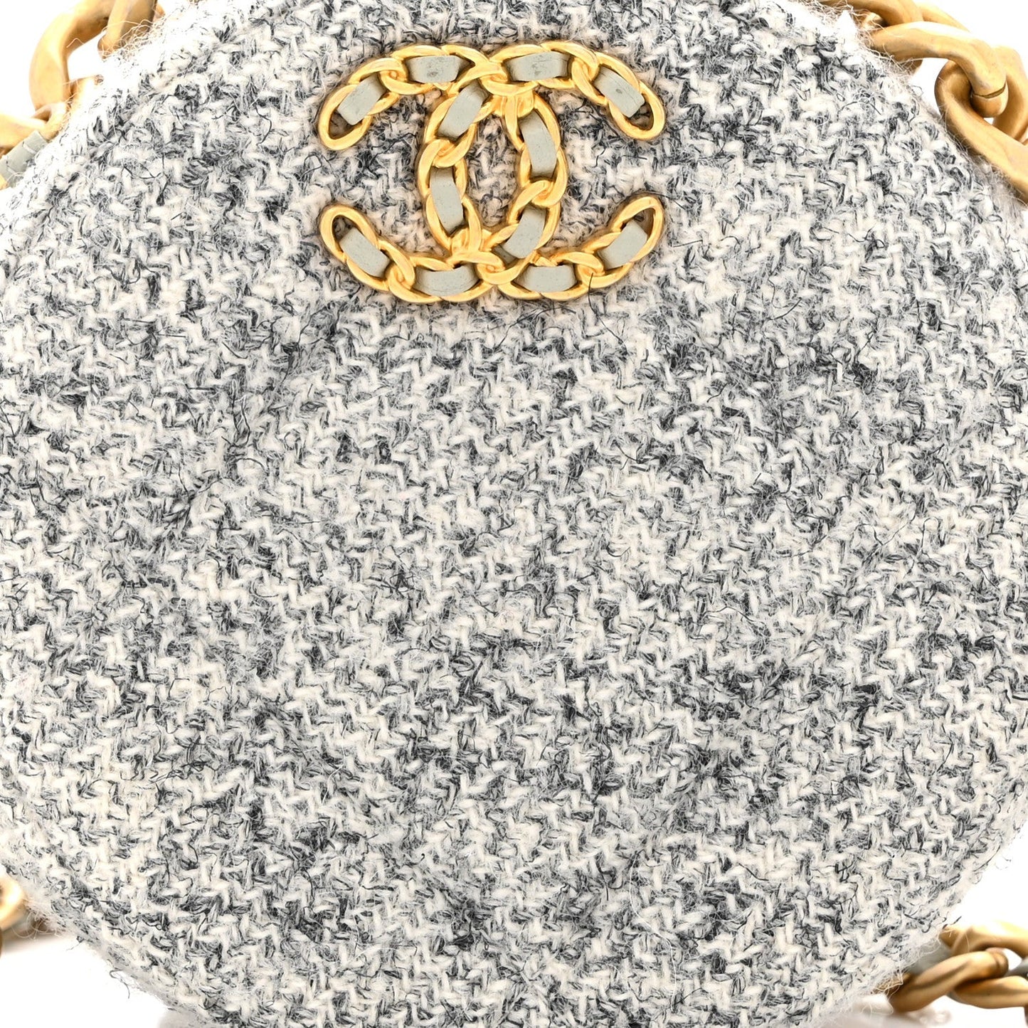 Wool Tweed Lambskin Quilted Chanel 19 Round Clutch With Chain Grey Ecru
