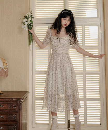 French style skirt petite short skirt short floral skirt puff sleeve dress female summer new style R3462