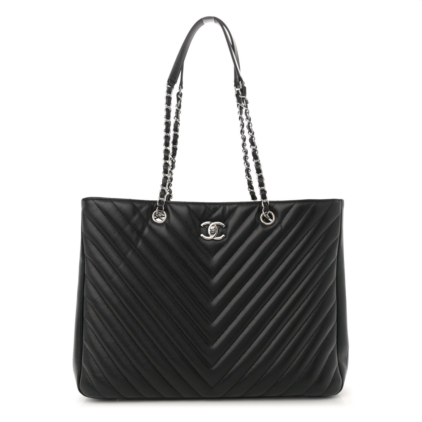 Caviar Chevron Quilted Large Shopping Tote Tote Black