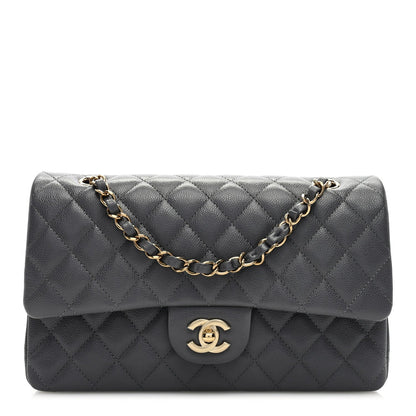 Caviar Quilted Medium Double Flap Dark Grey