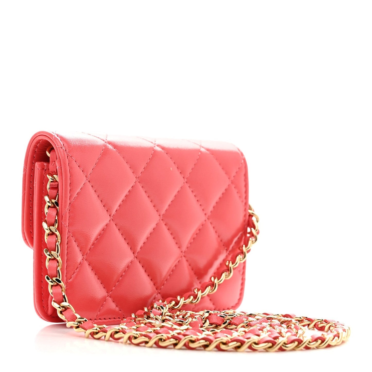 Shiny Lambskin Quilted Card Holder On Chain Pink