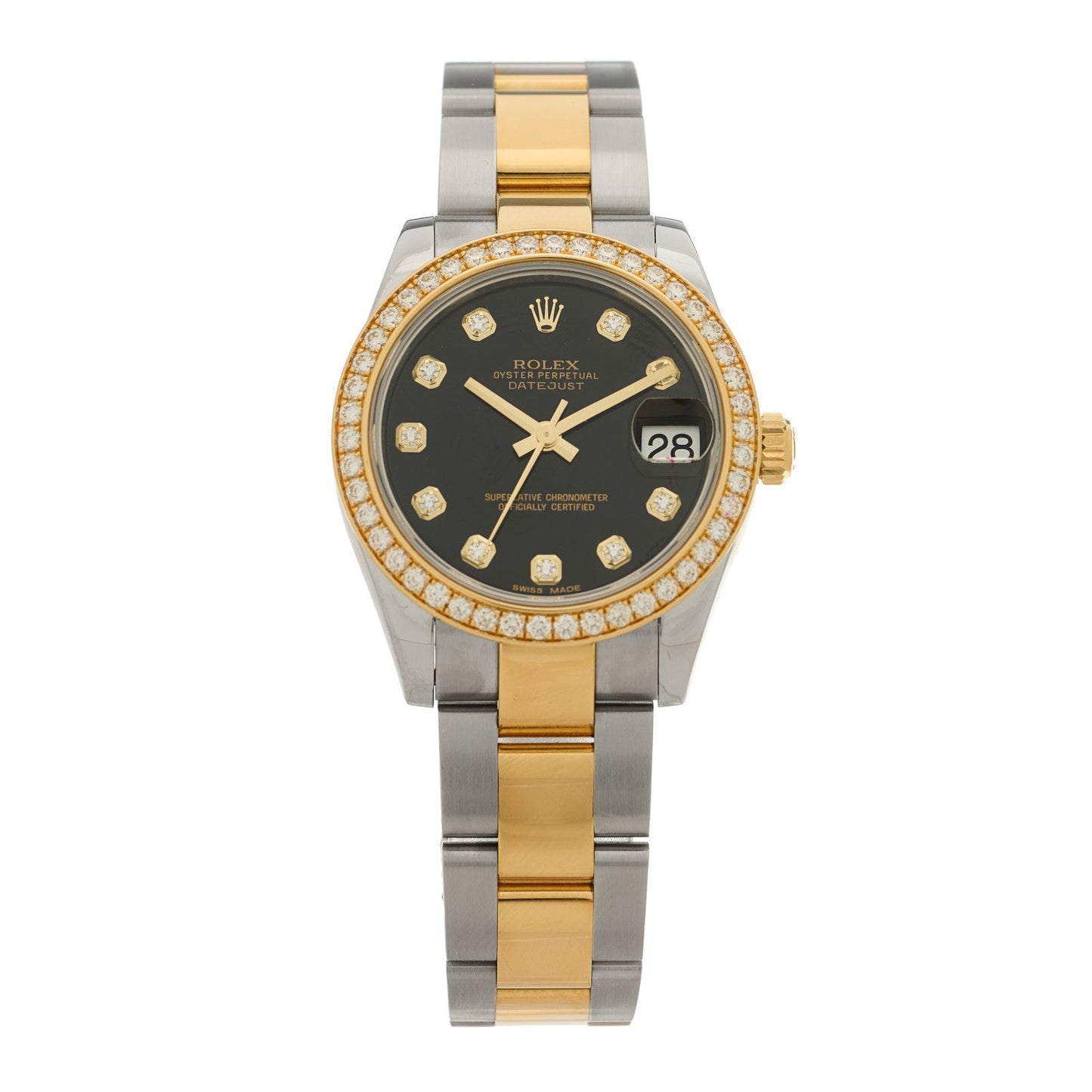 Stainless Steel 18K Yellow Gold Diamond Bezel 31mm Oyster Perpetual Datejust Watch Black 178383