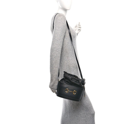 Azalea Sakai Calfskin Horsebit 1955 Drawstring Bucket Bag Black
