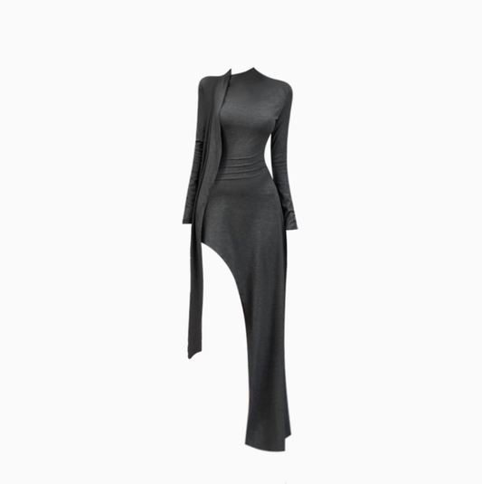 High-grade grey long-sleeved dress 2025 waist-hugging hip-wrapped slit long skirt R1283