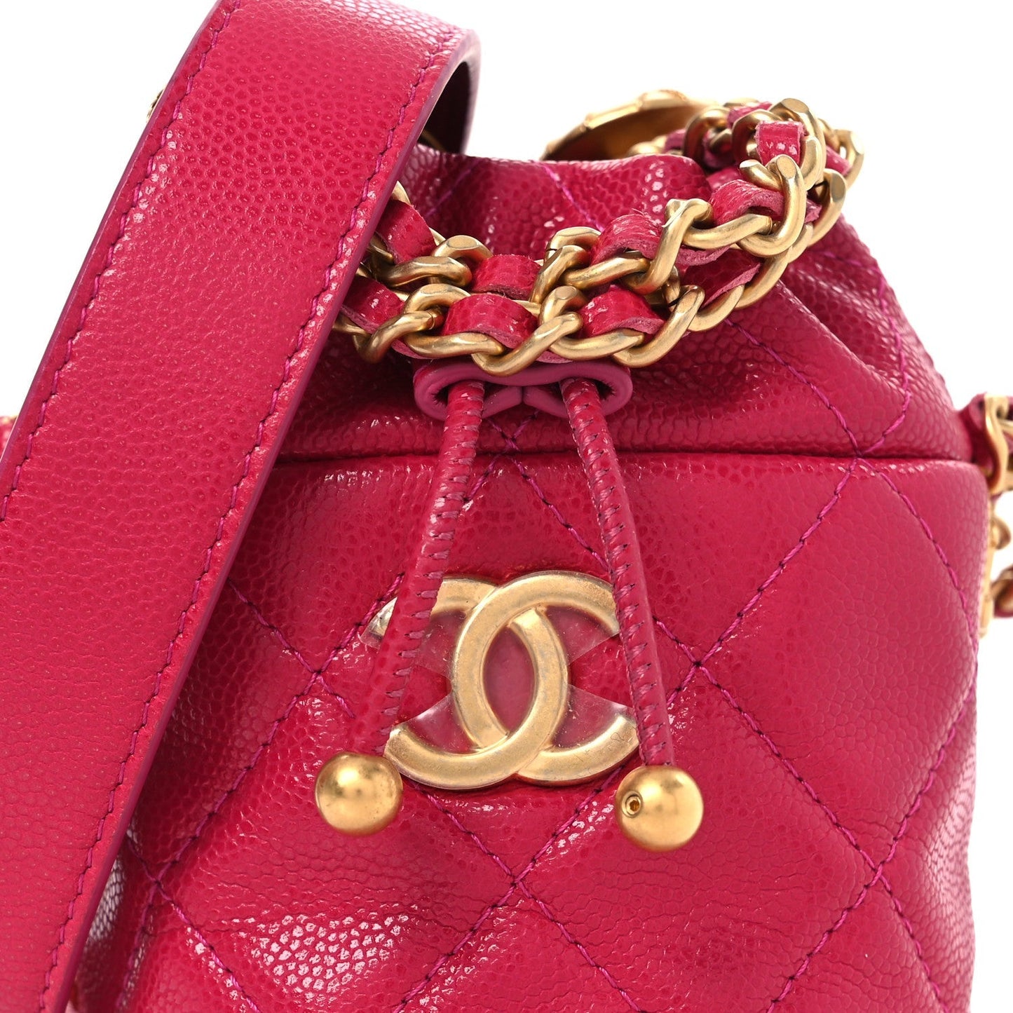 Caviar Quilted Twist Your Buttons Mini Bucket Bag Fuchsia