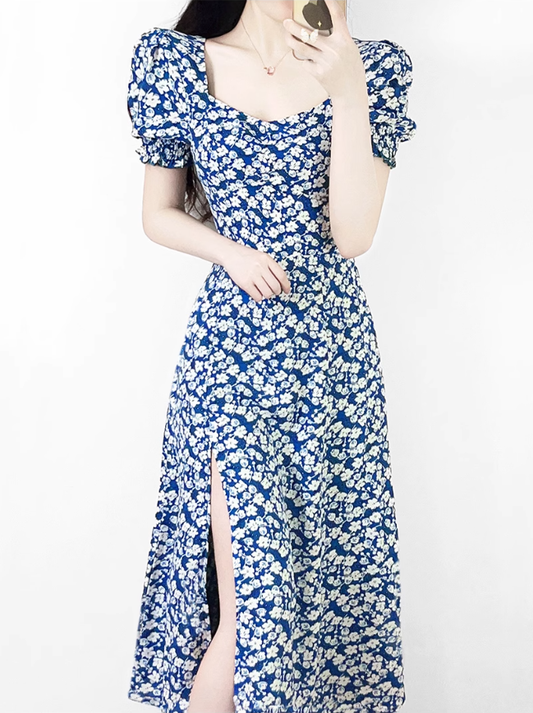 2025 Summer New French Square Neck Blue Temperament Floral Holiday Platycodon Dress R0940