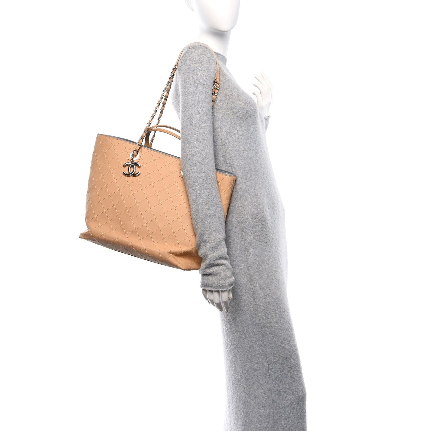Calfskin Stitched Medium Shopping Tote Beige