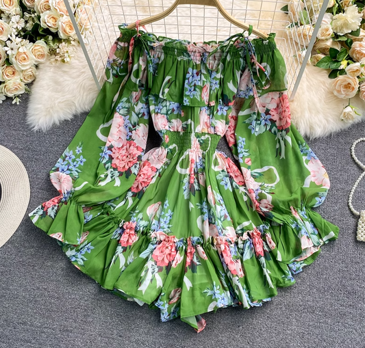 Holiday one-shoulder off-shoulder printed chiffon jumpsuit skirt super fairy wide-leg pants jumpsuit R0380