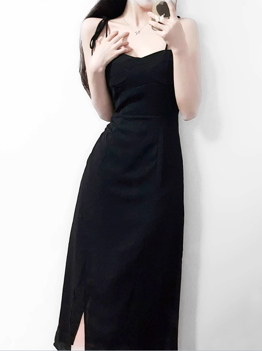 2025 Summer New French Retro Black Waist Cross High Waist Suspender Dress R0978