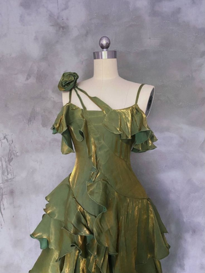 Vintage Green Asymmetrical Layered Flounce Spaghetti Strap Prom Dress Evening Gown cc1458
