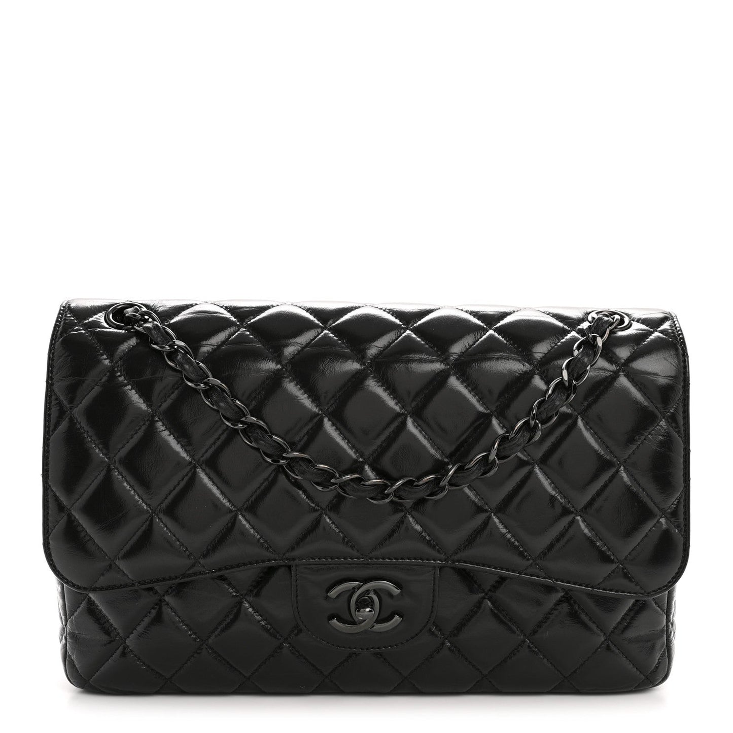 Shiny Crumpled Calfskin Quilted Jumbo Double Flap So Black