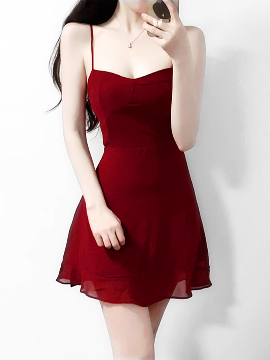 2025 summer new sexy petite wine red holiday short suspender dress R0916