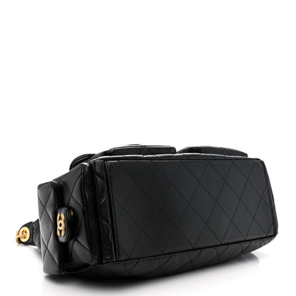 Shiny Lambskin Quilted Trendy Pockets Hobo Black