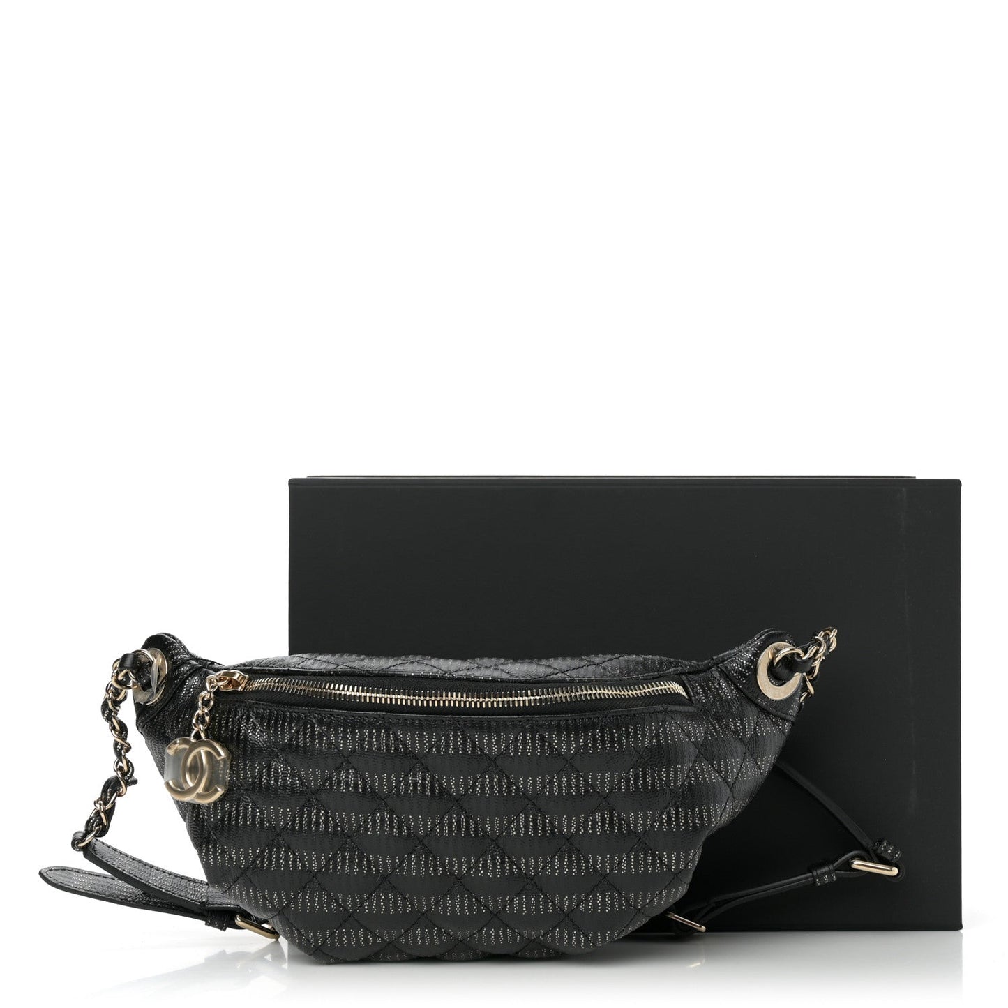 Metallic Caviar Striped Banane Waist Bag Fanny Pack Black Gold