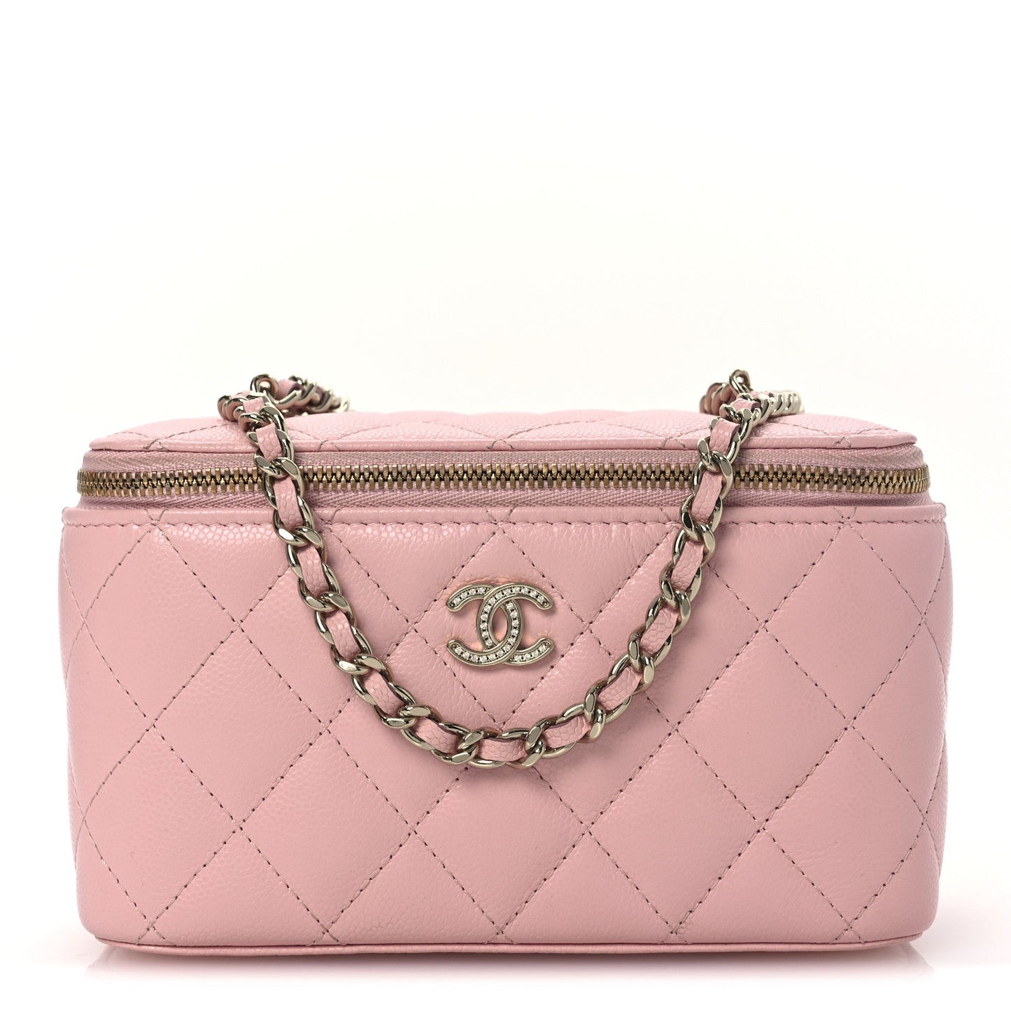 Caviar Quilted Crystal CC Logo Vanity Case With Chain Pink