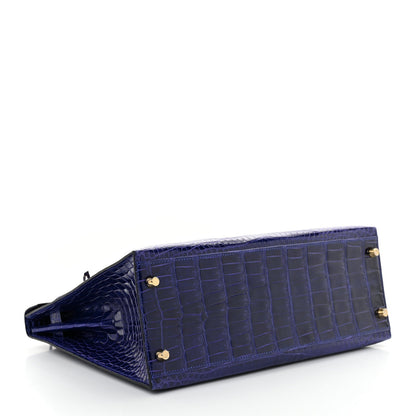 Shiny Porosus Crocodile Kelly Sellier 32 Bleu Electrique