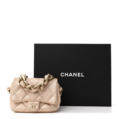 Metallic Lambskin Quilted Mini Lacquered Chain Flap Gold