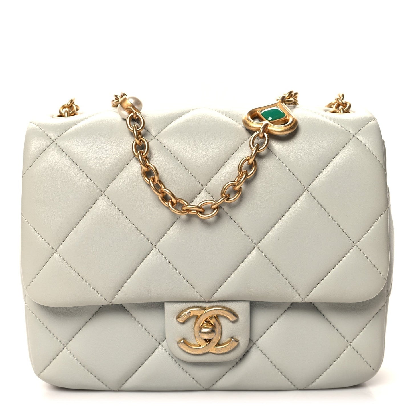 Lambskin Enamel Pearl Quilted Mini Charm Me Square Flap Light Blue