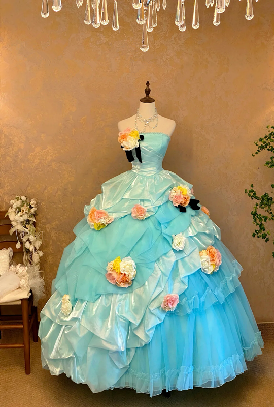 Light Blue Strapless Waist-Cinched Puff Embellished Skirt Ball Gown & Bridal Gown R7403