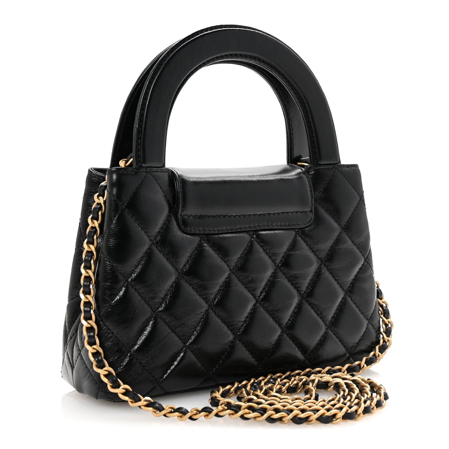 Shiny Aged Calfskin Quilted Nano Kelly Shopper Black