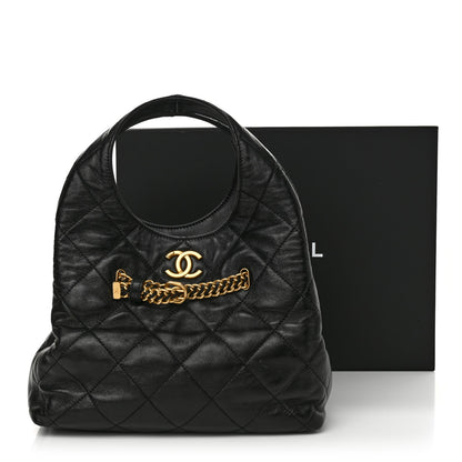 Shiny Lambskin Quilted CC Belt Shopping Bag Black