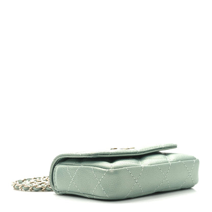 Iridescent Caviar Quilted Pearl On Top Coin Purse With Chain Light Green