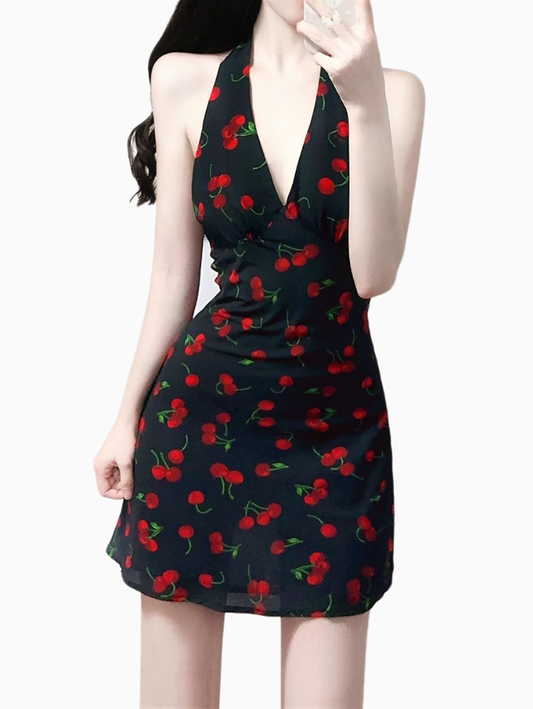 2025 Summer New Halter Backless Black Cherry V-Neck Retro Short Dress R0942