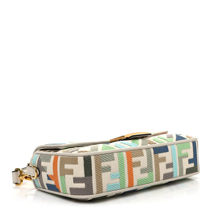 Canvas Vitello Seta FF Multicolor Embroidered Baguette Grezzo Multicolor Latte