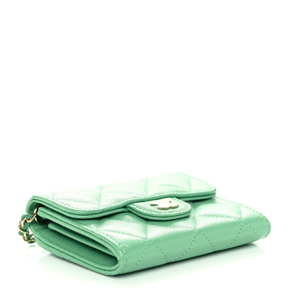 Caviar Quilted Flap Card Holder On Chain Light Green