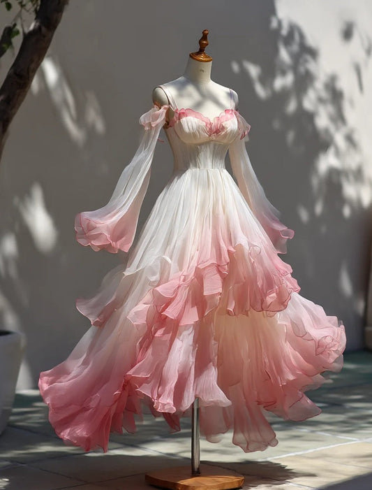 A Line Prom Dress Ombre Spaghetti Straps Pleated Ruffle Formal Dresses Evening Dress Gala Gown D4732