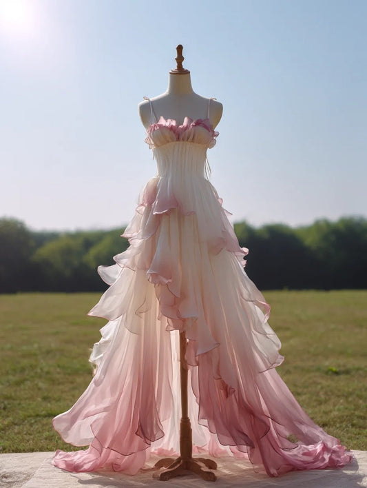 A Line Ombre Prom Dress Spaghetti Straps Pleated Ruffle Formal Dresses Evening Dress Gala Gown  D4735