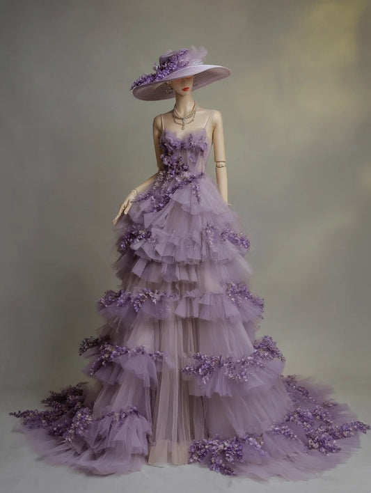 A Line Prom Dress Spaghetti Straps Tulle Tiered Birthday Party Outfits Evening Dress Gala Gown  D4761