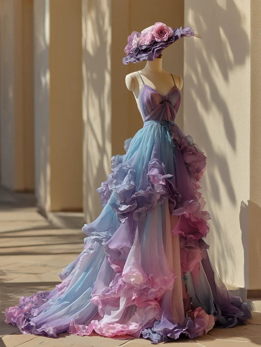 2026 Charming Prom Dress Ombre Spaghetti Straps Ruffle Party Outfits Evening Dress Gala Gown  D4775