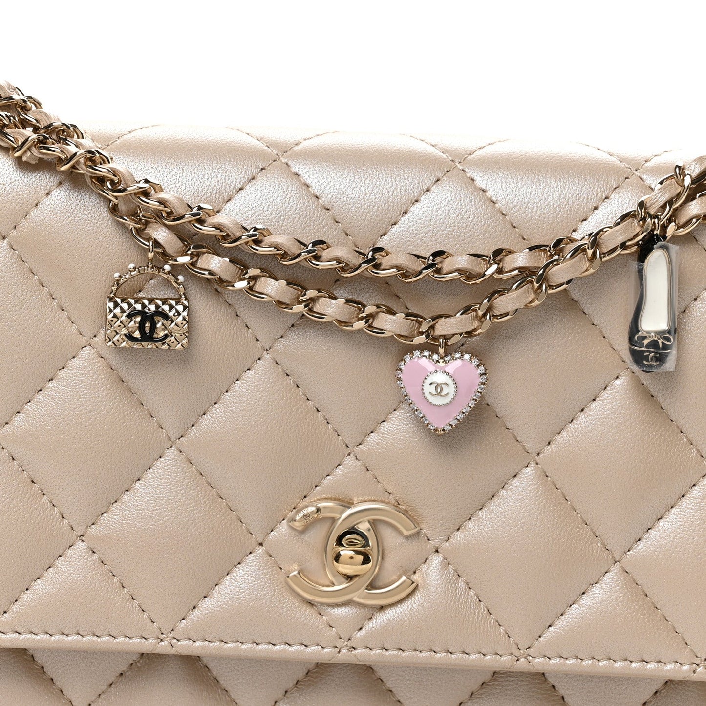 Pearly Lambskin Quilted Charms Wallet On Chain WOC Beige